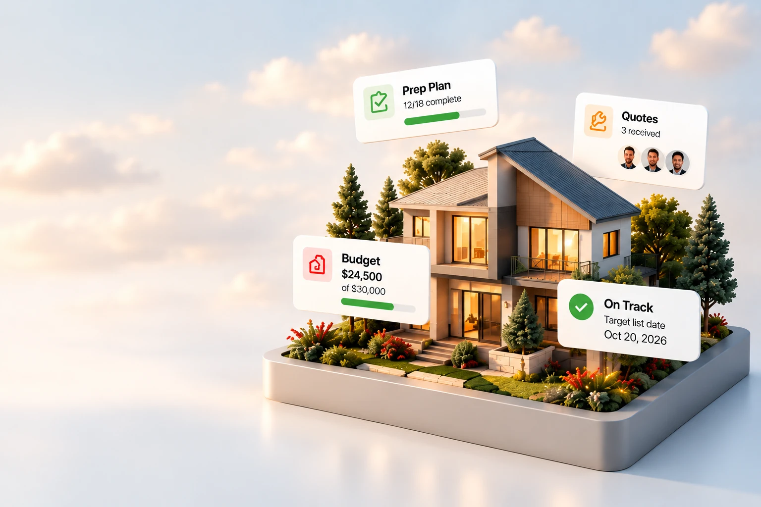 A home with its prep plan, quotes, budget and target list date floating around it