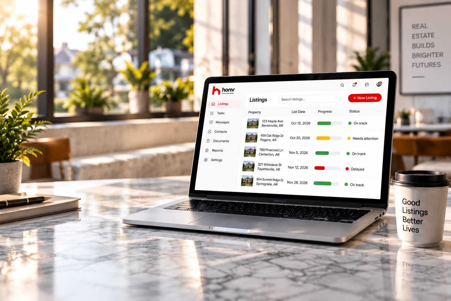 The Homr Agent Portal open on a laptop, showing a list of listings and how each is tracking