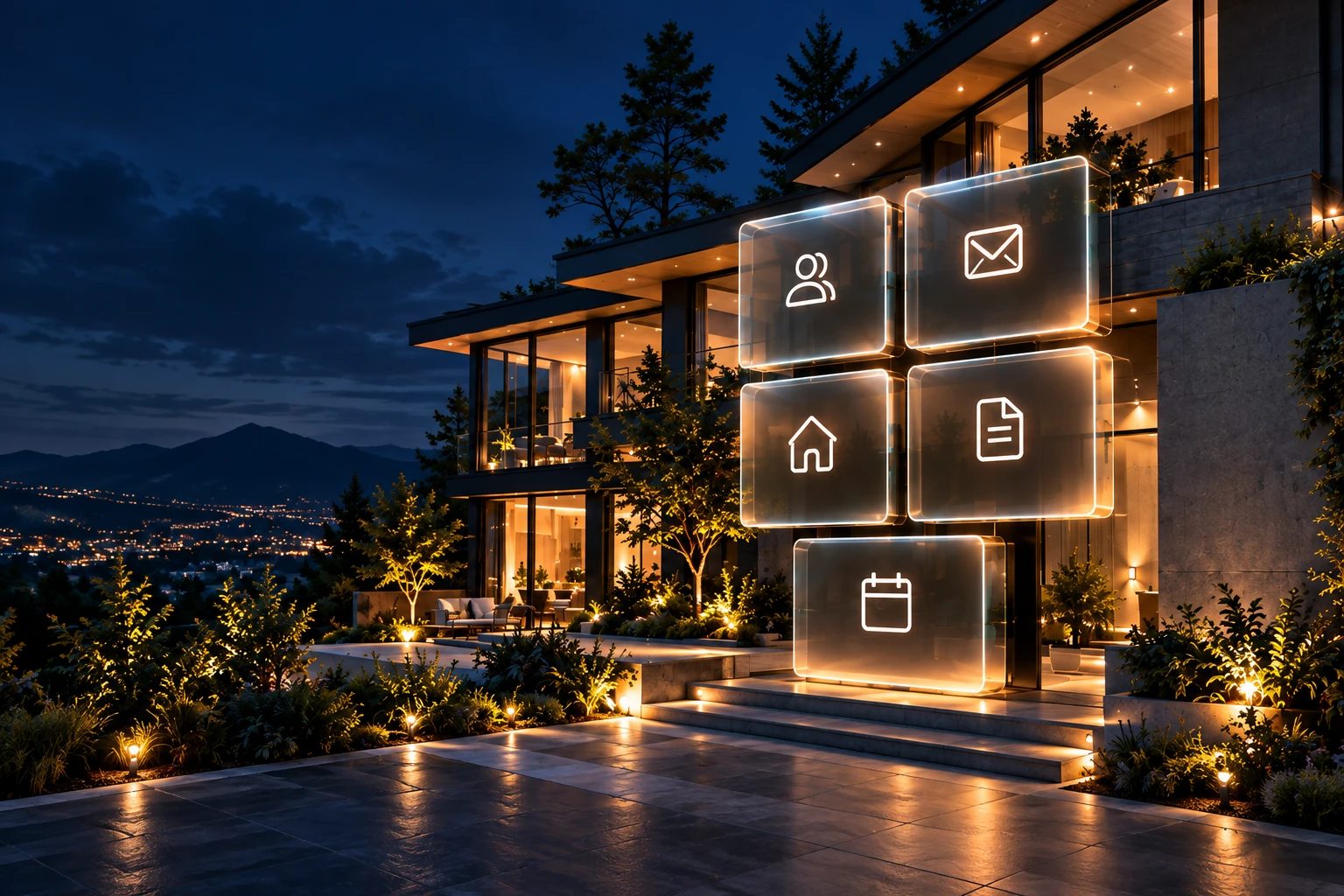 A modern home at night with glowing tiles for contacts, messages, listings, documents and calendar