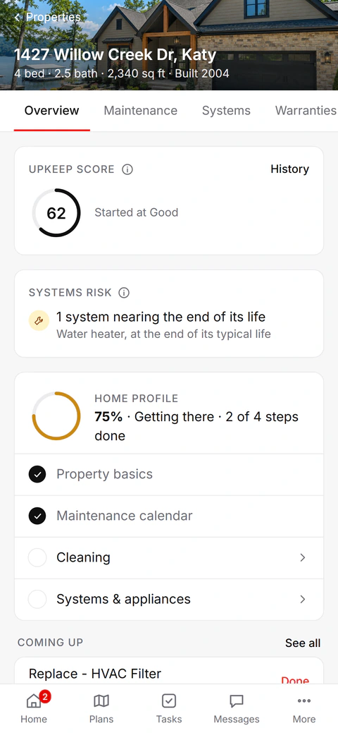 A home's record on an iPhone, with its upkeep score and home profile